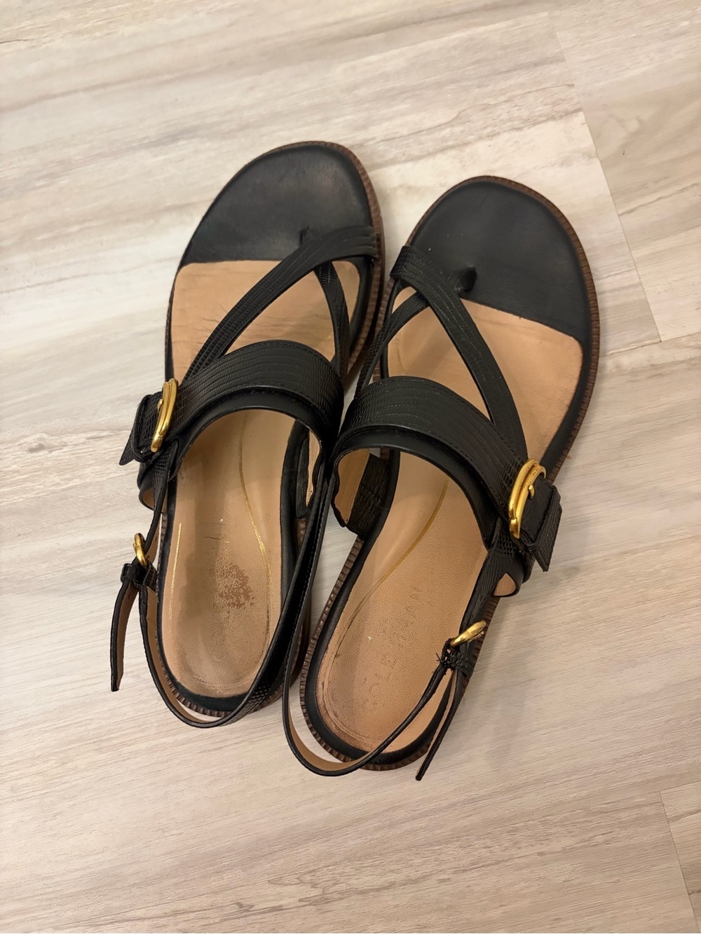 Cole Haan Black Leather Strappy Sandals with Gold Buckle Size 7